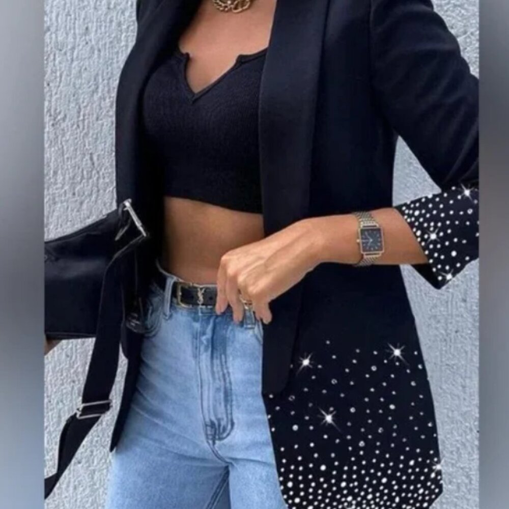 Rhinestone Decor Shawl Collar Blazer/Jacket